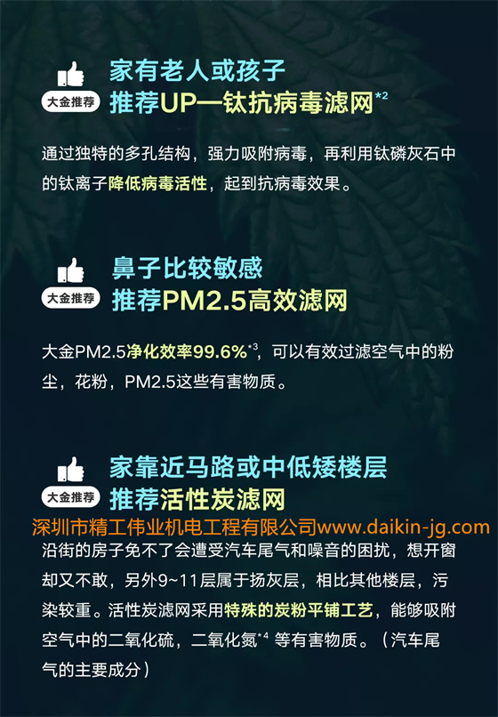 家有老人或孩子，推荐大金UP-钛抗病毒滤网；鼻子比较敏感，推荐大金PM2.5高效滤网；家靠近马路或中低矮楼层，推荐大金活性炭滤网。